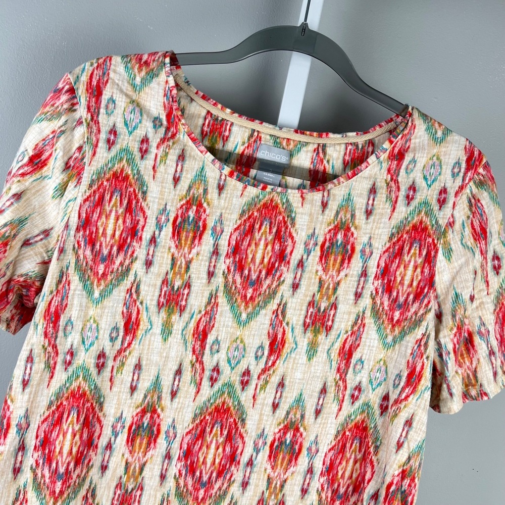 Chico's Ikat Print Top Shirt Size 2 Womens L Colorful Cotton Blend Casual